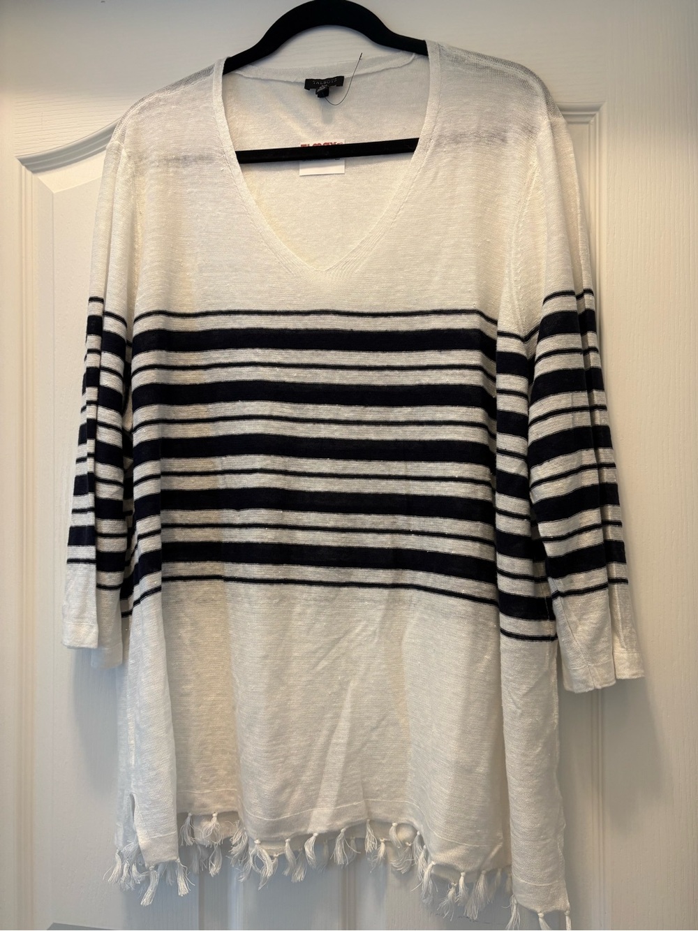 Talbots Striped 100 % Linen Fringe Hem Plus Women’s Top - White & Navy NWT